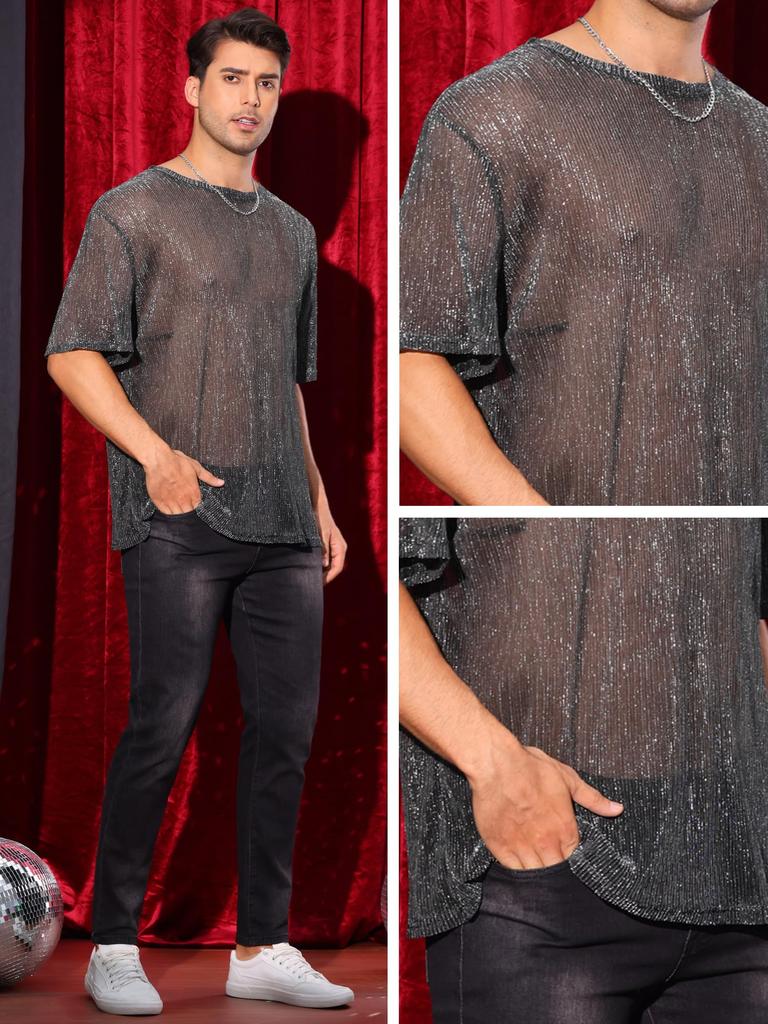 Lars Amadeus Glitter Mesh Sheer Short Shiny Top for and Silver Size L T-Shirt, See-Through, Sleeve, Parties, Clubwear, Holidays, Men's, Gray,
