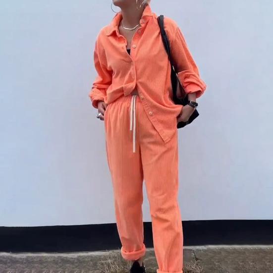 2 peças/conjunto feminino camisa calças conjunto turn-down colarinho simples trespassado mangas compridas solto
