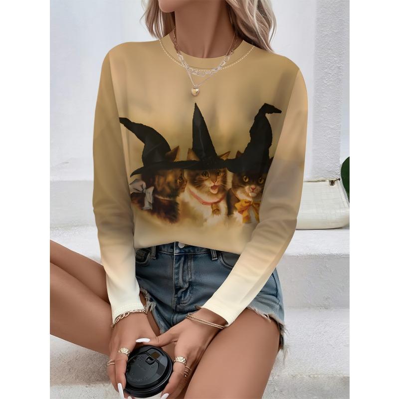 Round Neck 3D Witch Printed Top Casual Long Sleeved Women's T-shirts - Soft Medium Stretch Polyester Fabric Spring and Autumn Relaxed Fit Clothing