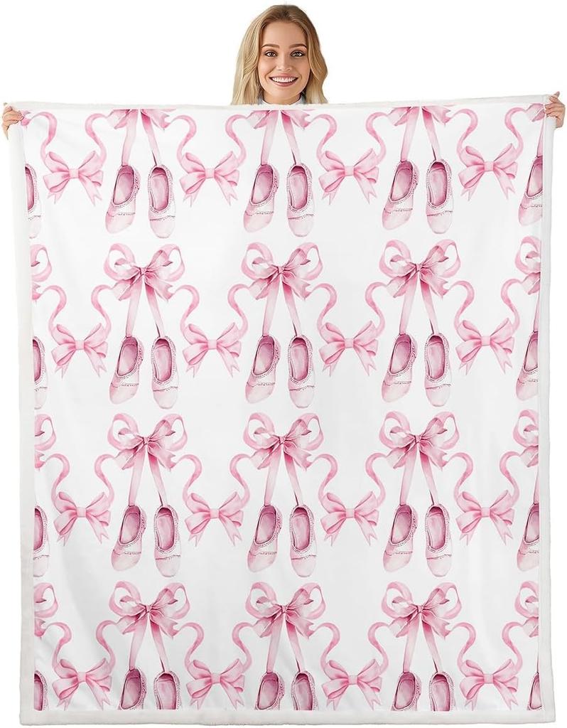 White Swan Fleece Throw Ballet Theme Pink Plush Blanket for Kids Room Decor with Crown Bowknot Roses Flowers Twin X