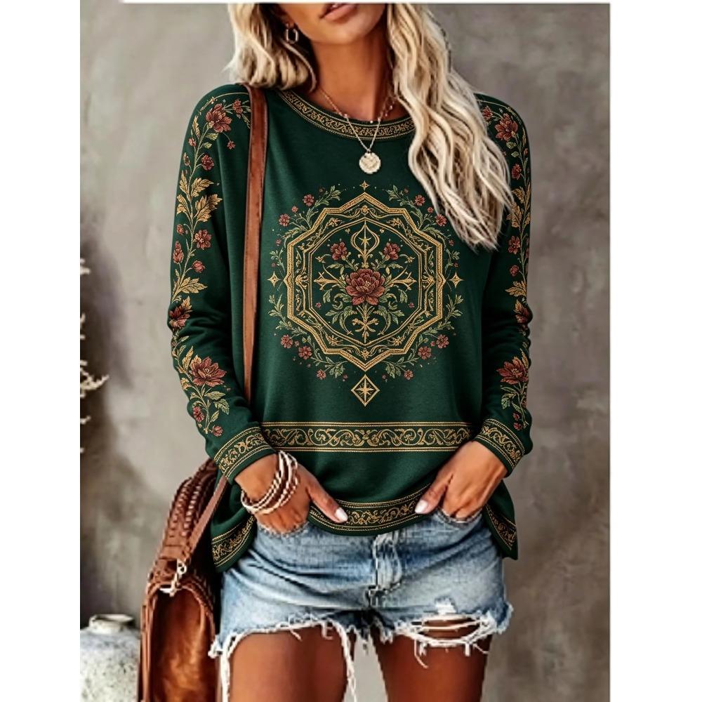 Women Crew Neck Long Sleeve T‑Shirt, Boho Mandala Ethnic Floral Print Casual Loose Pullover Tops