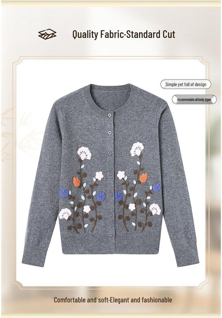 Women's Embroidered Wool Cardigan - Grandma's Warm Round Neck Sweater for Autumn/Winter