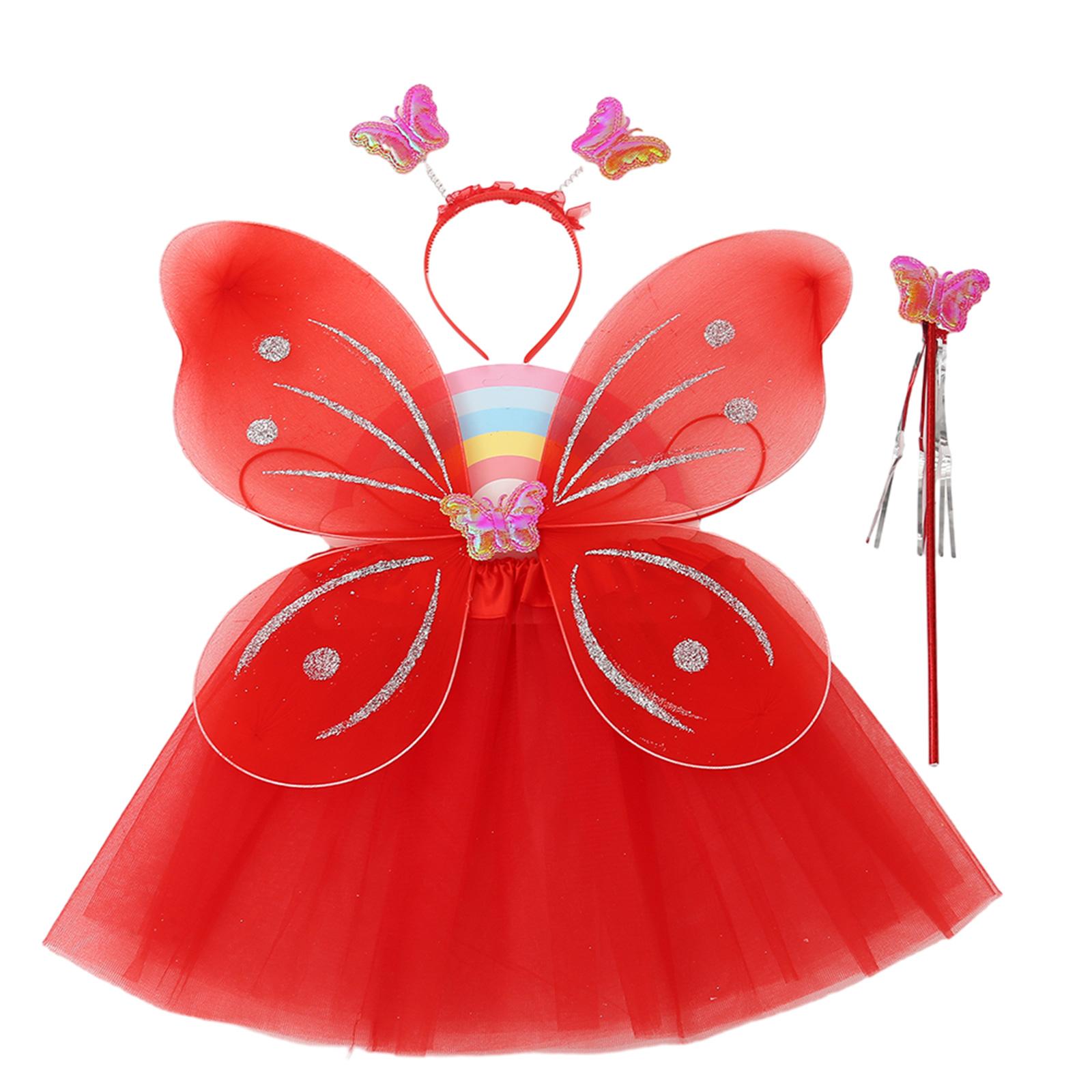 Fairy Wing for Kid Butterfly Wing Angel Wing Dress Up Wing with Headband Fairy Stick Tutu Skirt Halloween Costume Wing красный