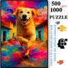500pcs to 1000pcs, Handmade Jigsaw Puzzle, Paper Puzzle, DIY Puzzle, White Card Material, Cheerful Golden Retriever Running Through Colorful Streets S
