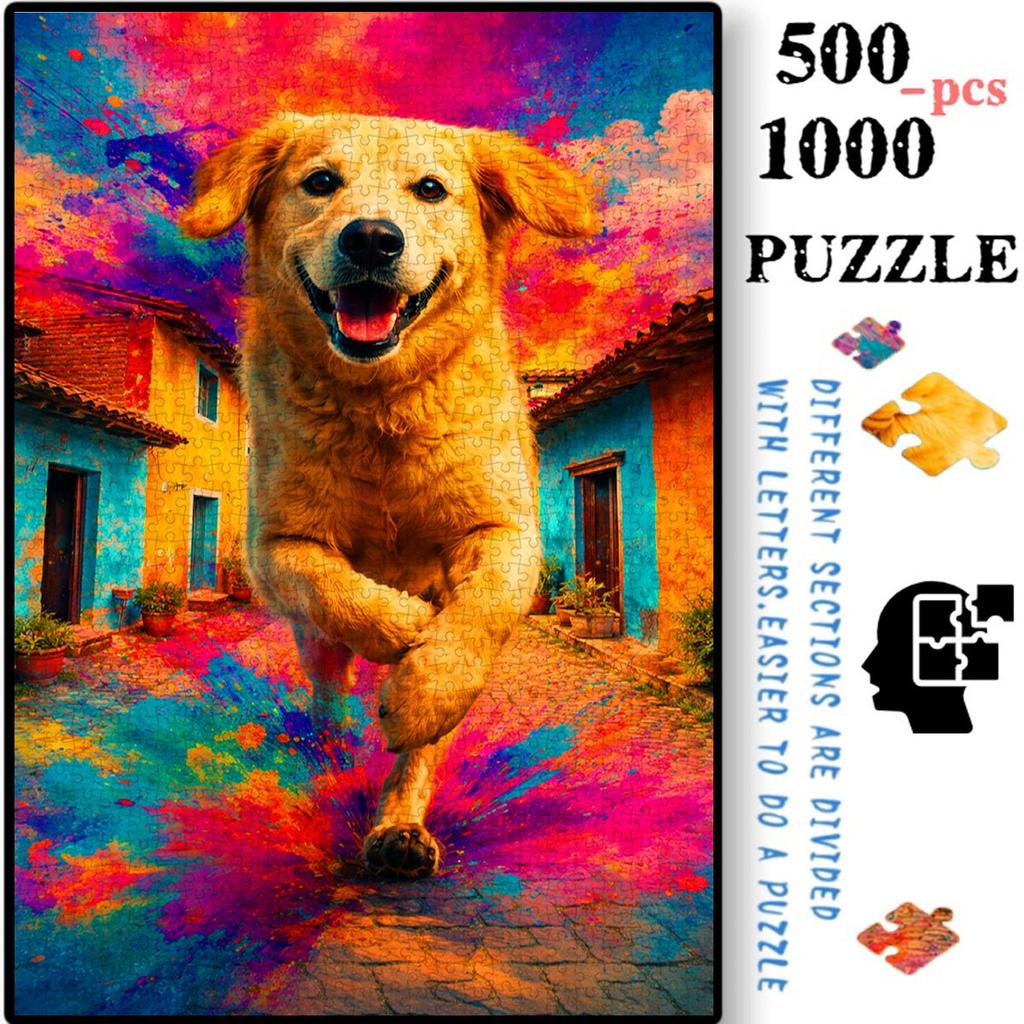 500pcs to 1000pcs, Handmade Jigsaw Puzzle, Paper Puzzle, DIY Puzzle, White Card Material, Cheerful Golden Retriever Running Through Colorful Streets S