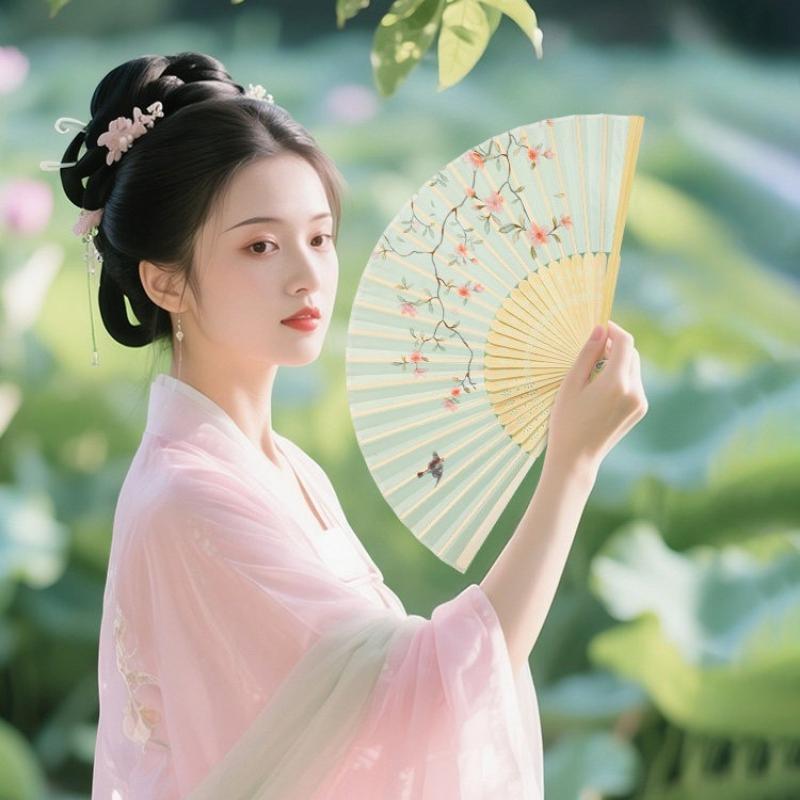 Chinese Style Bamboo Folding Hand Fan Feather Print Handheld Fan for Dance Photo Home Decor Gift