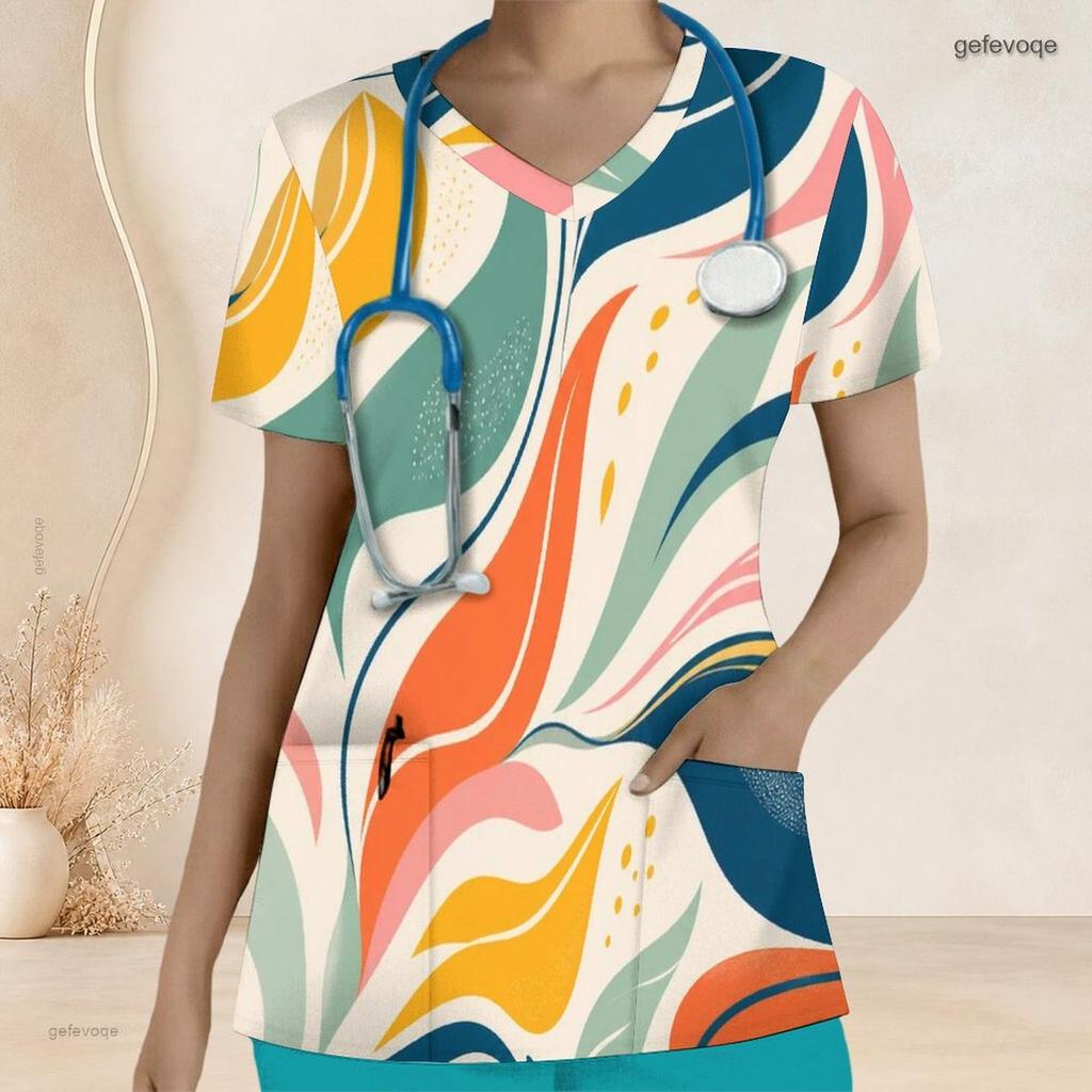 Women Plus Size V Neck Short Sleeve Printed Nurse Scrub Top With Front Pockets