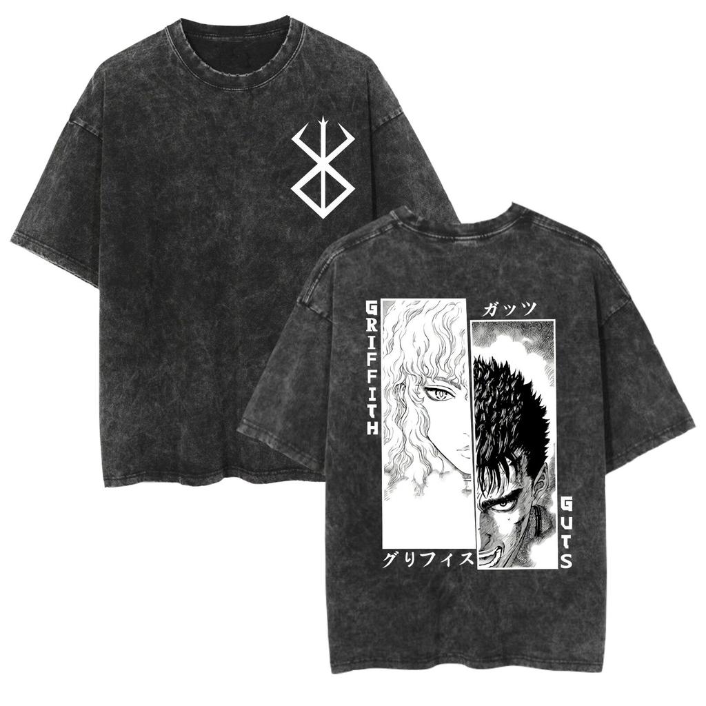 Fit Summer Berserk Stained Leather Washed Vintage Short Sleeve Tshirt Warrior Shirt Retro High Street Loose Cotton Top