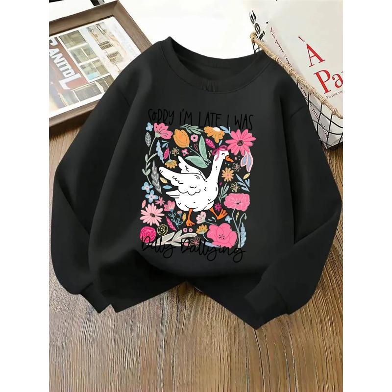 European sizes Kids' Crewneck Sweatshirt - Duck with Flowers And Text , Sportswear And Casual Wear, Soft And Comfortable, Children's Clothing