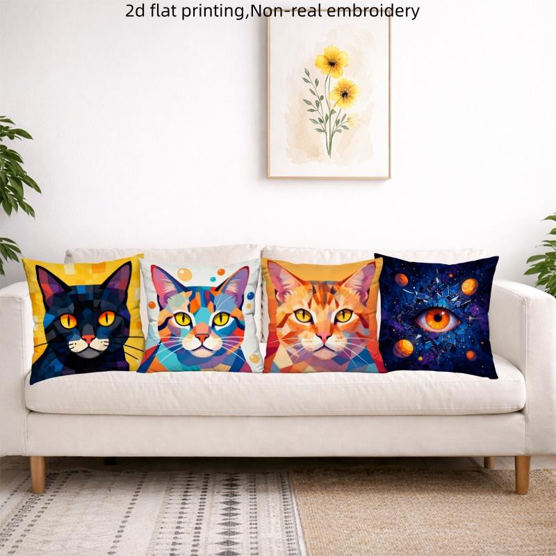 Geometric Polygon Cat Throw Pillow Covers, Low Poly Black Tabby Cat Print Cushion Cases, Cat Lover Decor For Bedroom Living Room