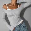 Summer Fashion Contrast T-shirt 2 Piece-Set Women's Off-Shoulder Long Sleeve Patchwork Cropped Top Female Commute Tee Top