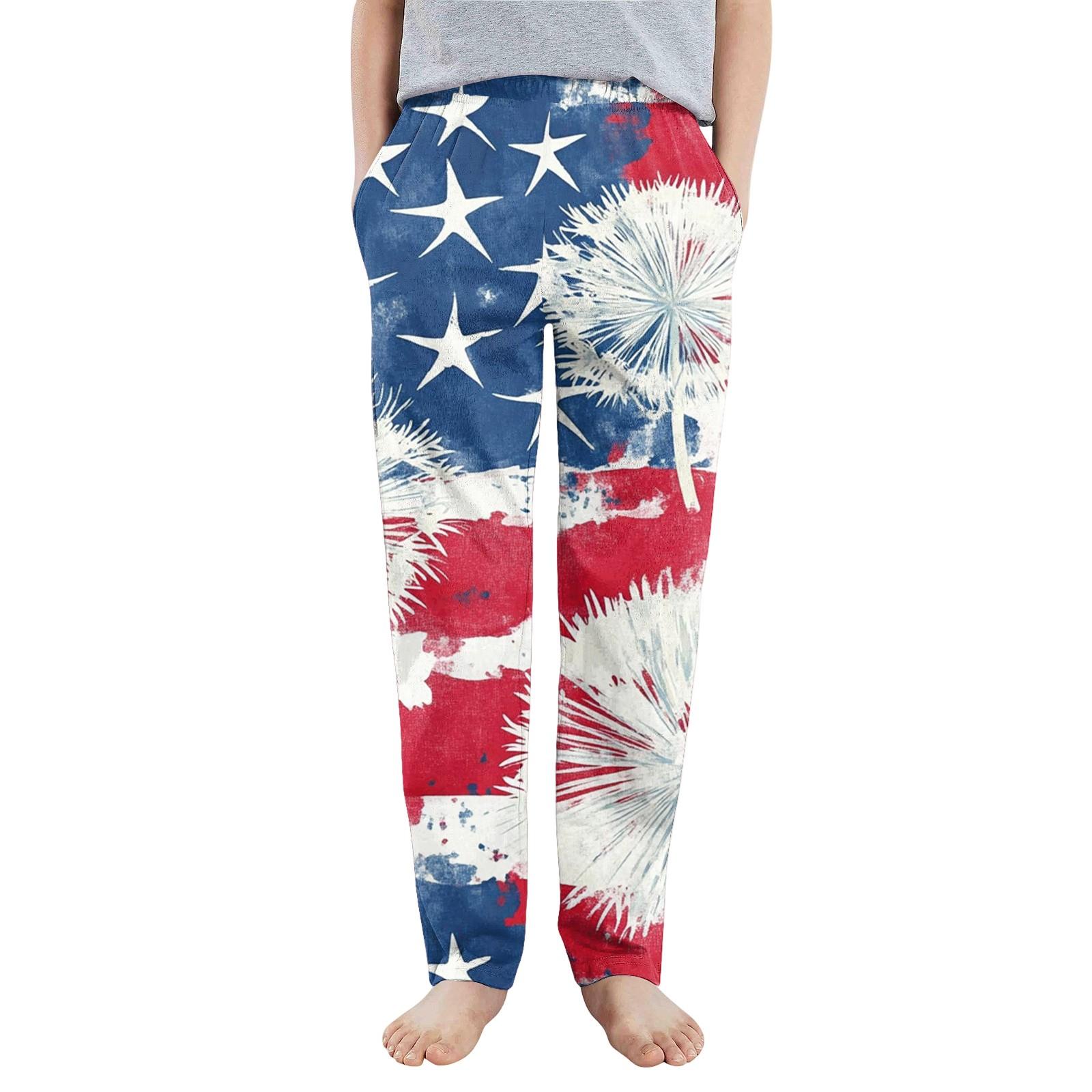 Children Boys Girls Sports Independence Day Printed Pocket Casual Sports Pants 140