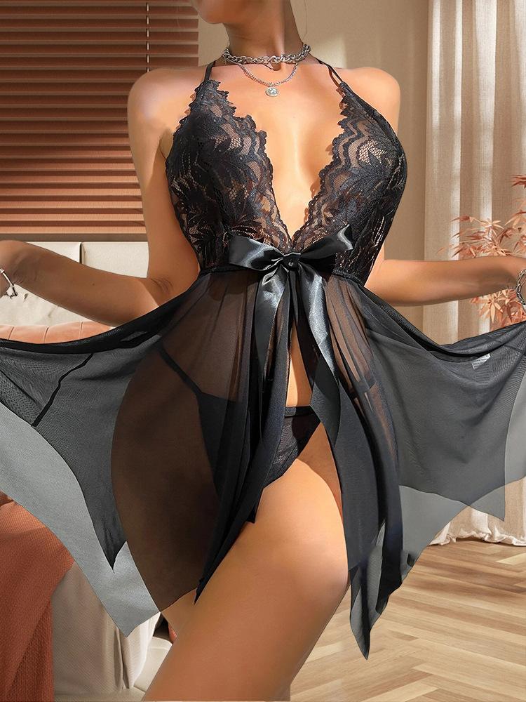 Sexy underwear suspender lace mesh seduction dress sexy fluffy skirt women's large size short skirt lace-up nightdress