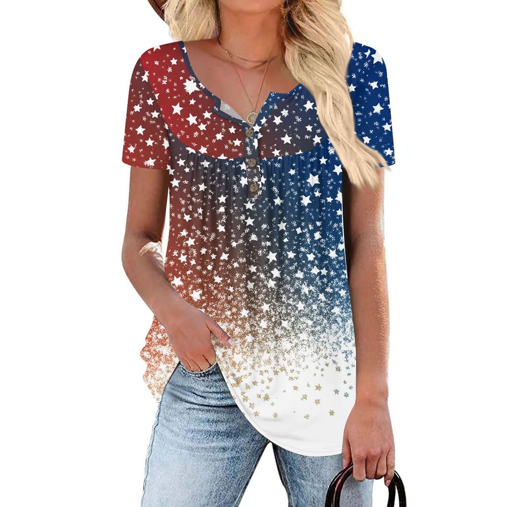 Women Tunic Tops Dressy Casual Summer Short Sleeve Shirts Loose Fit Pleated Boho Top Independence Day