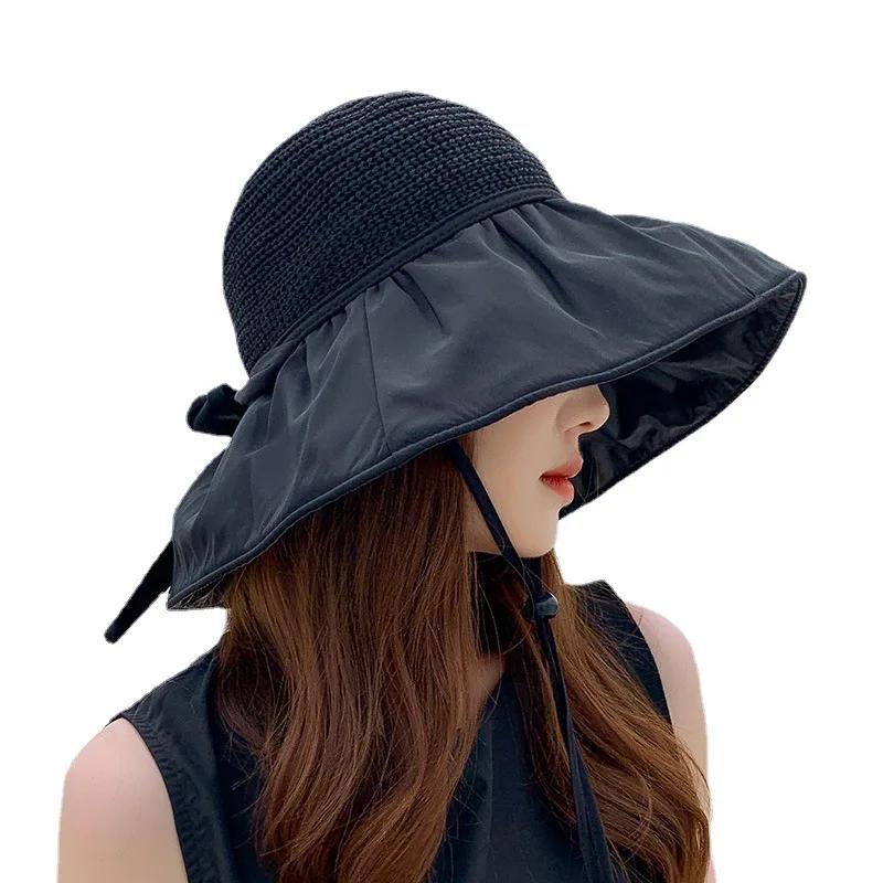 Summer Black Glue Bow Sunshade Hat Women's Hollow Out Straw Hat Uv Protection Large Brim Sunshade Facial Cap Sun Fishing