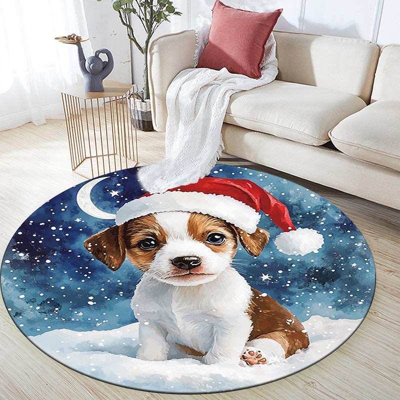 Christmas Puppy Round Area Rug,Carpet Rug for Living Room Bedroom Sofa Playroom Decor,Non-slip Floor Mat