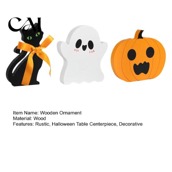 Decorative Wood Pieces for Gatherings 3Pcs/Set Halloween Tiered Tray Decorations, Cute Ghost Pumpkin Black Cat Festive Orange And Tabletop Displays