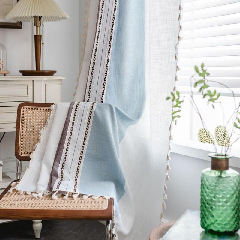 American Style Thick Cotton Linen Stripe Blackout Window Curtains with Tassel Bedroom Kitchen Drapes Curtains In The Living Room
