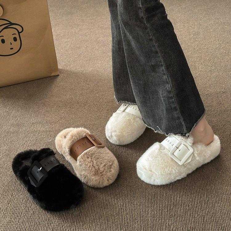 Fashion Spring Fall Hairy Slippers Female Winter Outside Wear Thick Bottom Muffin Household Plush Cotton Slippers