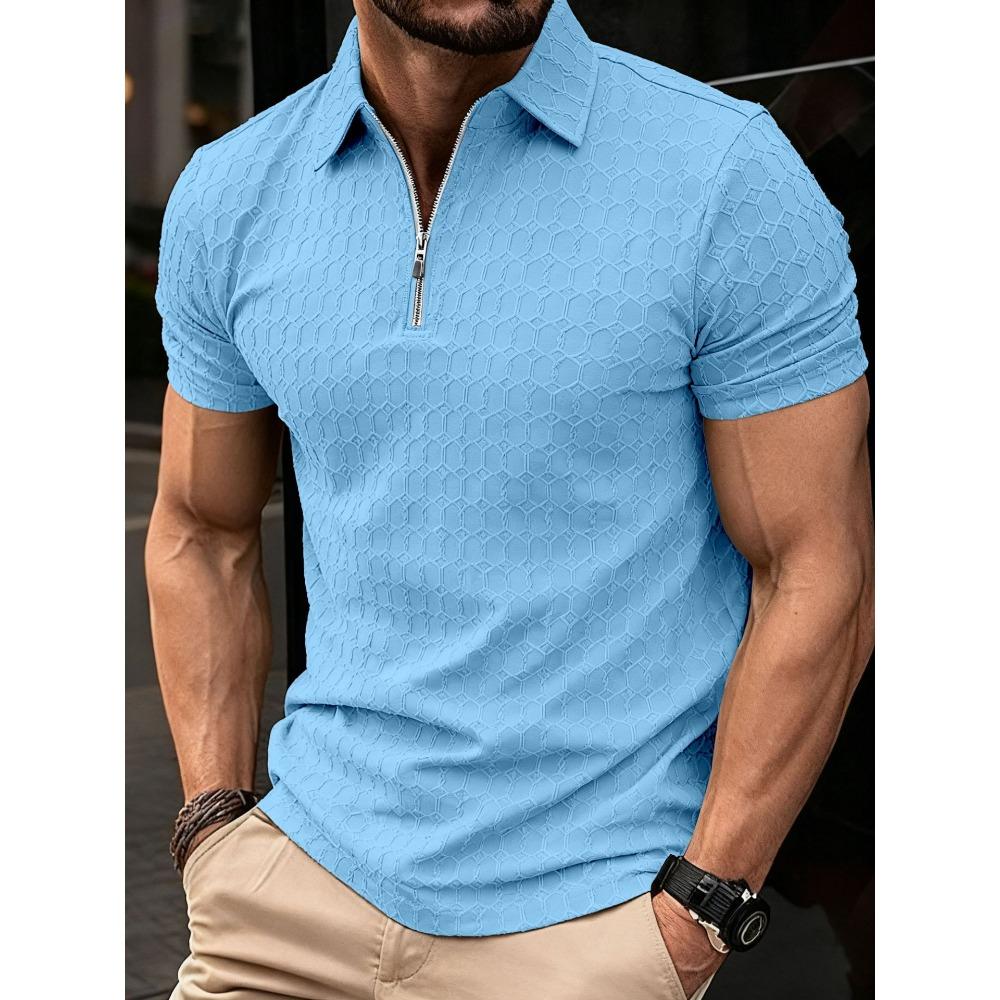 Men's Casual Polo Shirt with Zip, Short-sleeved, Loose-fit, Plain-coloured, Versatile T-shirt