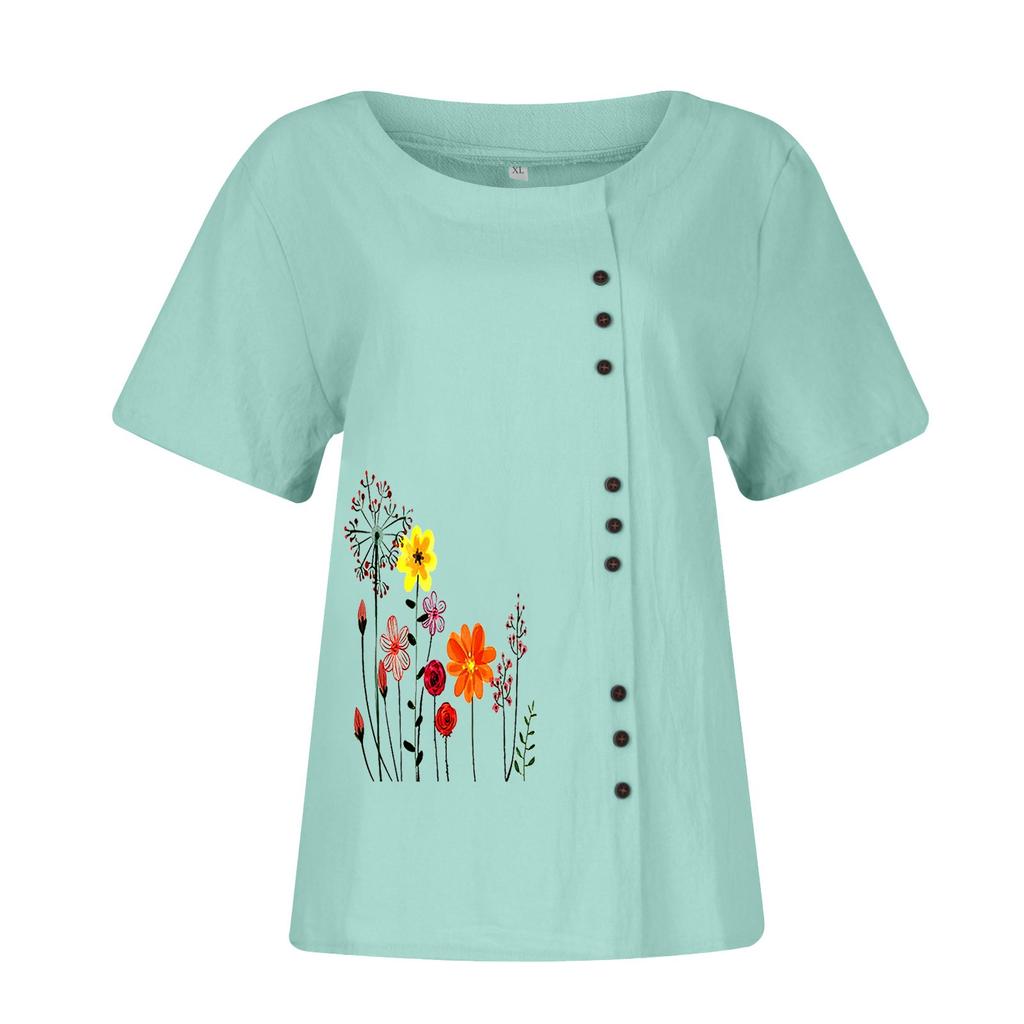 Women's Fashion Loose Cotton And Linen Short Sleeve Printed Temperament Crewneck Top