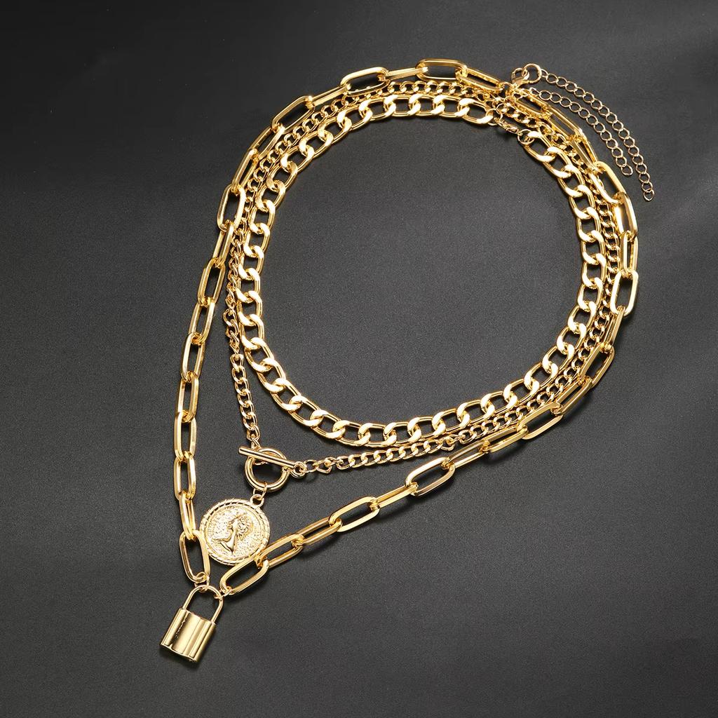 3Pcs/Set Vintage Coin Lock Pendant Necklace For Women Men Elegant Gold Silver Color Unisex Necklace Sets Fashion Hip Hop Jewelry