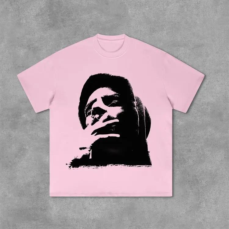 

2025 Vintage Portrait Graphic Print 100% Pure Cotton T-Shirt Y2K Summer Short Sleeves Casual Tshirt Streetwear Women Tops New 4XL