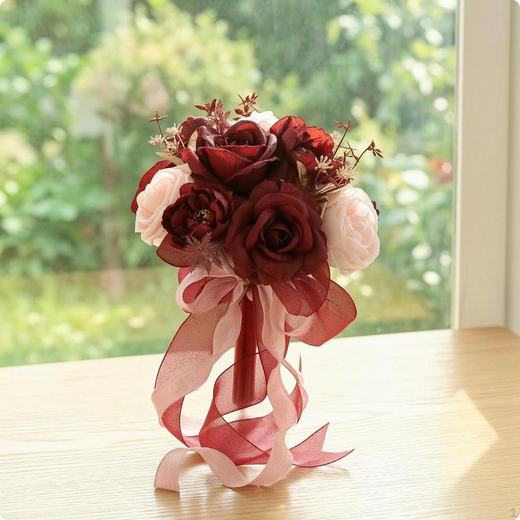 Wedding Bouquet with Ribbons Artificial Bridal HandTied Flowers for Brides, Bridesmaids,