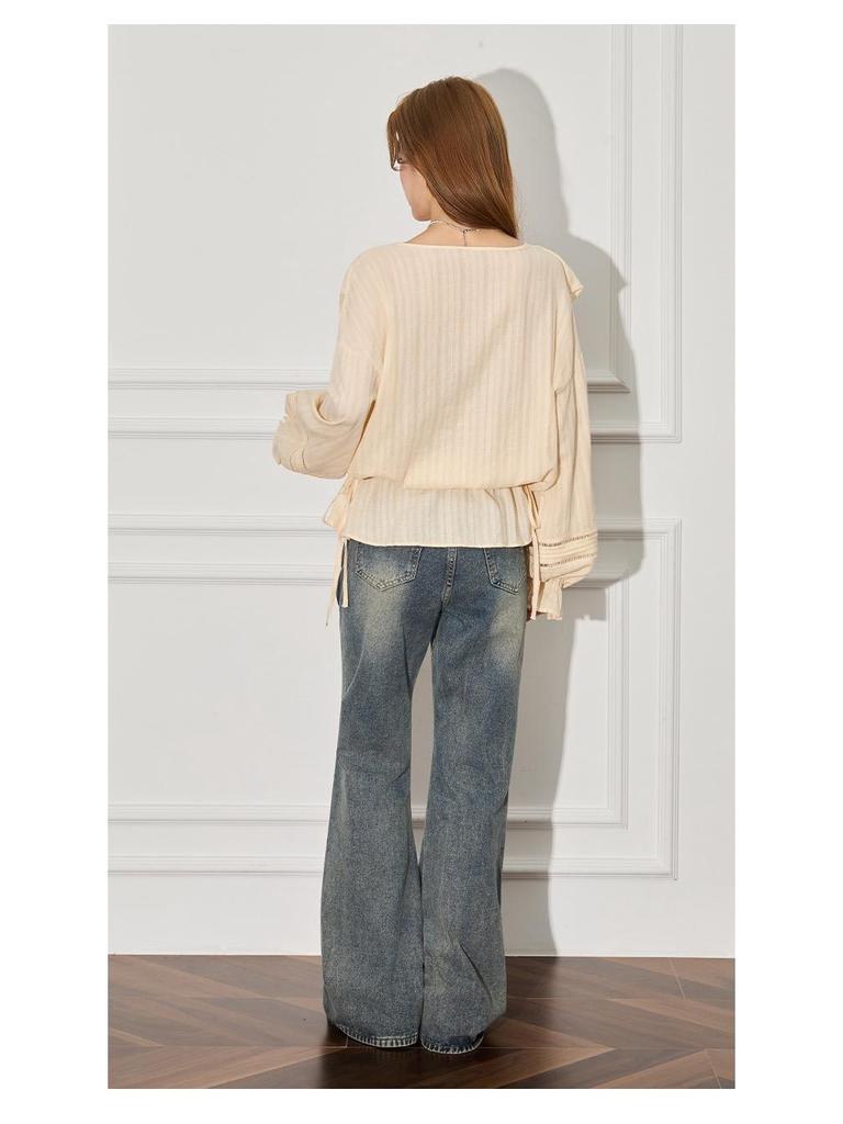 Damen French Apricot Rüschen V-Ausschnitt Laternenärmel Top