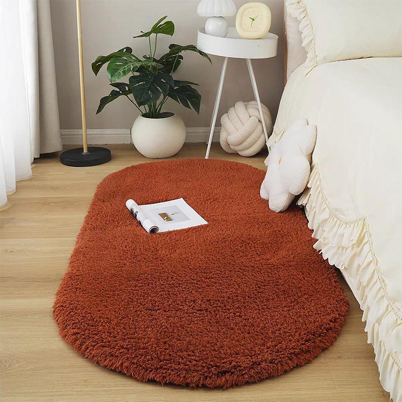 Oval Plush Carpet Thicken Living Room Rug Shaggy Warm Velvet Rug For Bedroom Solid Fuzzy Floor Mat Non-slip Washable