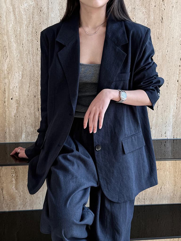Women's Autumn Cotton Linen Blazer Suit Set with Pants