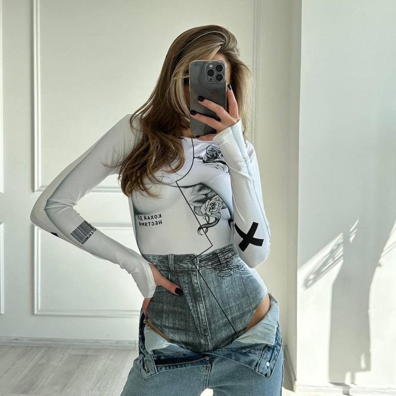 Women European American Style Printed Crew Neck Long Sleeve Slim Fit Casual Bodysuit
