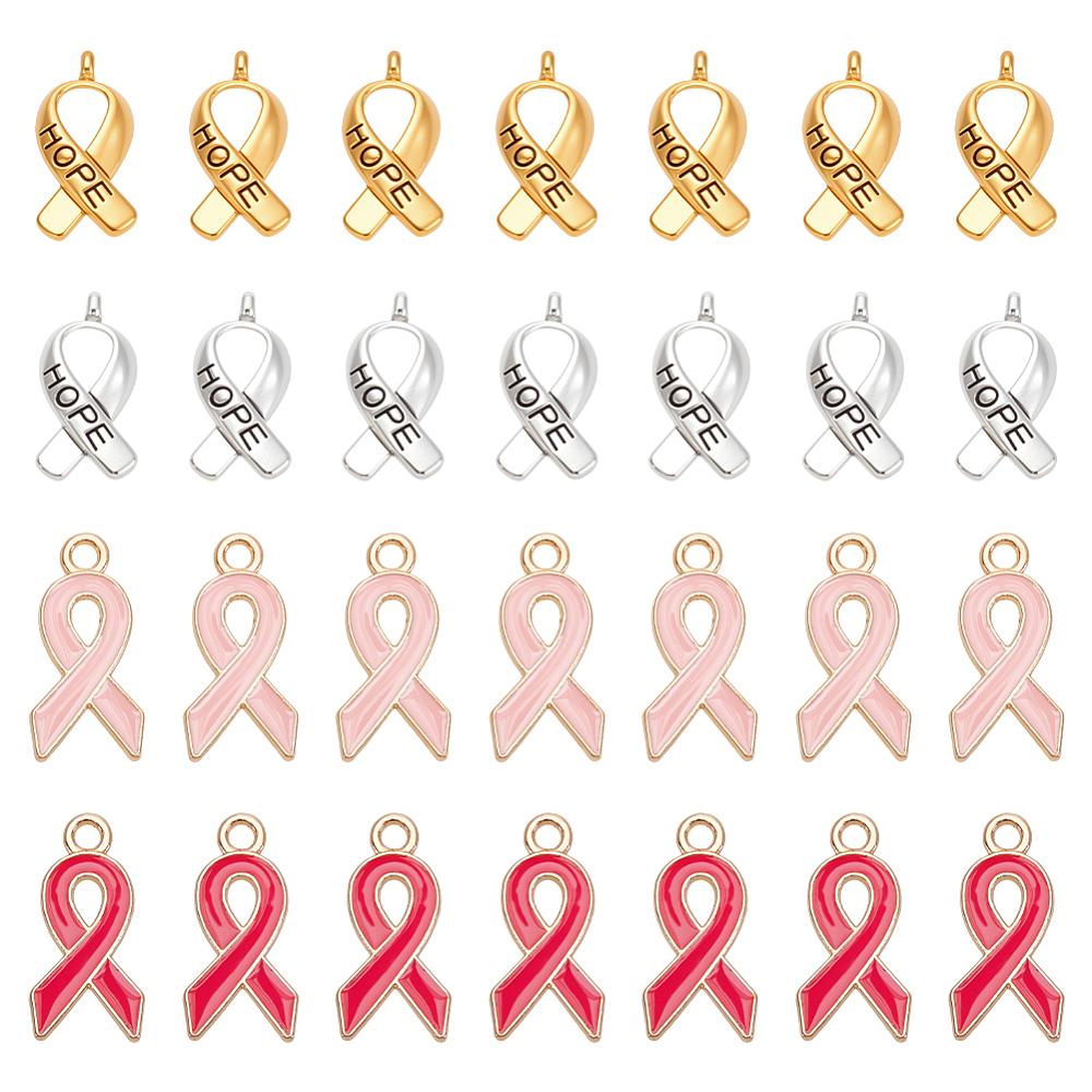 120Pcs 4 Styles Breast Cancer Awareness Ribbon Carved Word Hope Tibetan Style Alloy Message Pendants with Enamel Mixed Color 17~20x8~10x2~3mm