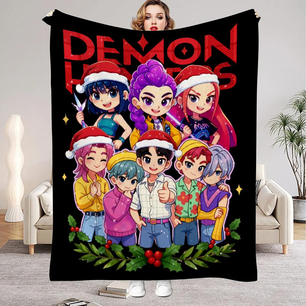 Christmas Theme K-Pop Demon Hunters Blanket Girls Boys Plush Throw Blanket Novelty Warm Blanket All Season Gift for Bed Sofa