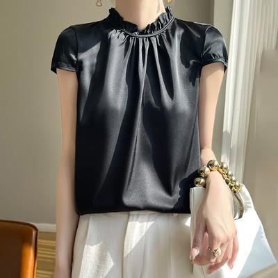 Tricou de vară, din mătase, cu jumătate de gât înalt, din lemn, cu design lateral pentru urechi