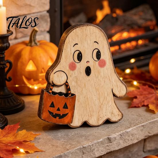 Rustic Ghost Wood Decoration Halloween Haunted House/Cute Wooden Table Ornaments, Farmhouse Tiered Tray Solid Festive Figurines Decor, Vintage