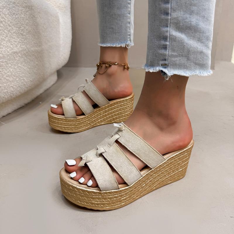 Temperament Keilpantoletten Sommer Neu Runde Zehen Offene Zehen Flanell Slip mit Plateau Rutschfest Verschleißfest Hohe Absätze