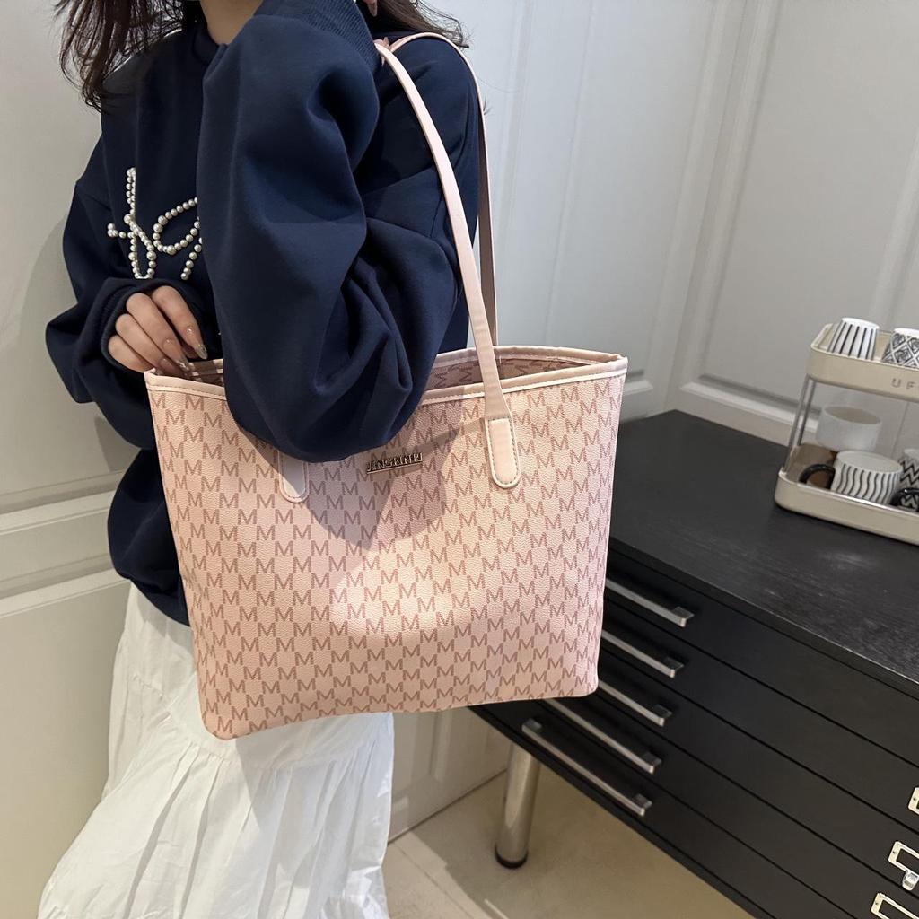 2025 Summer Women's French Tote: Large Capacity Solid Color Shoulder Handbag with Letter Design