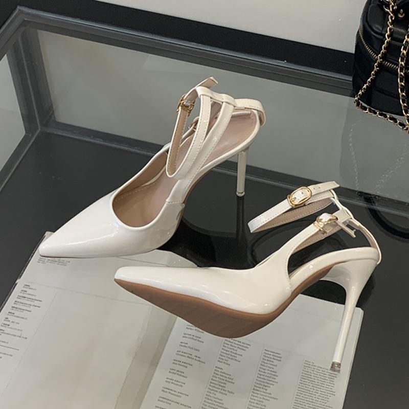 Fashion Liyken White Patent Leather Ankle Strap Stilettos For Woman Elegant Pointed Toe Slingbacks High Heels Sandals Women Pumps Shoes