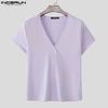 INCERUN Summer Men V Neck Short Sleeve Casual Fitted Rib Basics Tops T-shirts