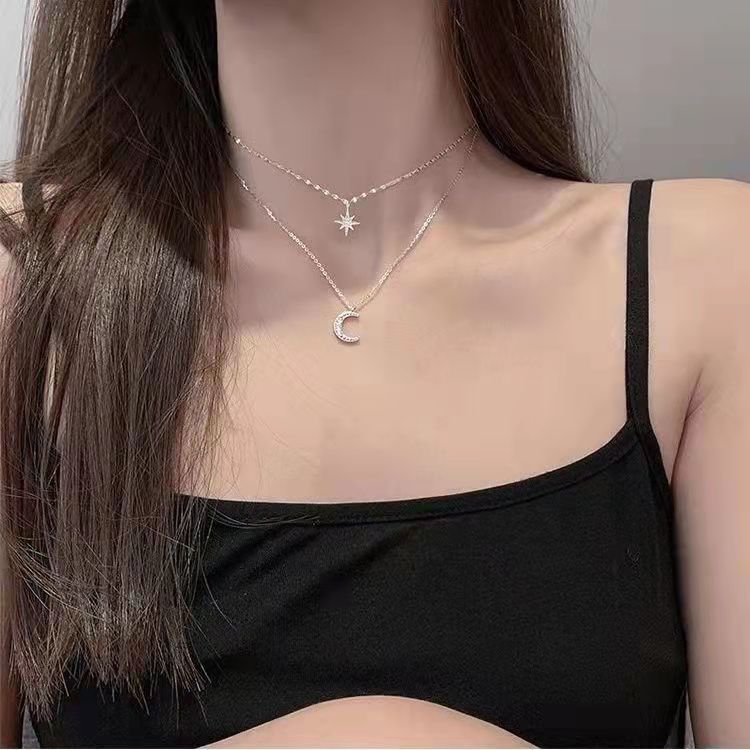 Octagram Moon Double-layer Necklace for Women, Elegant Fairy Design, Layered Clavicle Chain, 2021 New Trendy Style