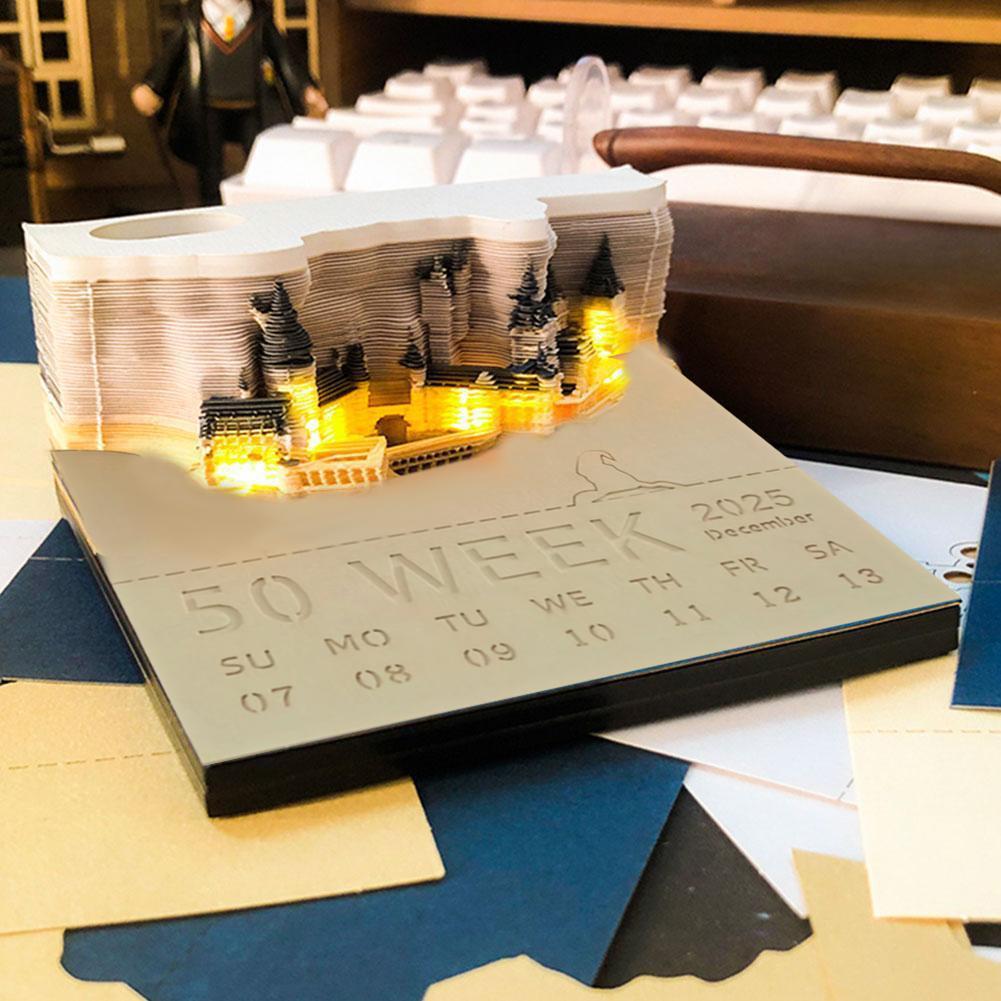 3D Magisches Schloss Wochenkalender Notizblock mit Licht 3D Papierschnitzkunst Handwerk Notizblock Haftnotizen Memoblöcke Heim Schreibtisch Deko