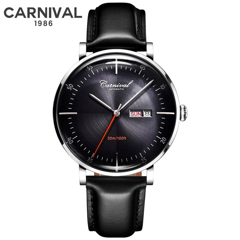 Carnival Marke 3D Gewölbtes Zifferblatt Luxus Automatikuhr für Mann Leder Wochentag Datum MIYOTA Mechanische Uhr Sport-Armbanduhr Männlich
