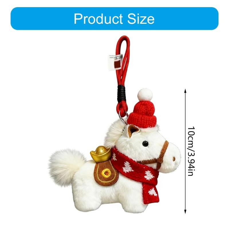 Adorable Plush Horse Mascots Keychain Featuring Festive Knitted Cap Scarf and Lucky Gold Ingot for Holiday Car Ornament Decoration