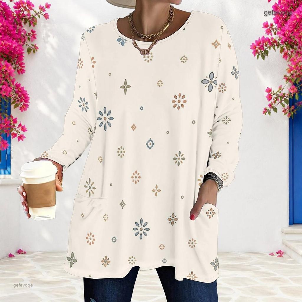 Women Plus Size Round Neck Long Sleeve Pink Purple Plaid Printed Loose Longline T Shirt With Pockets