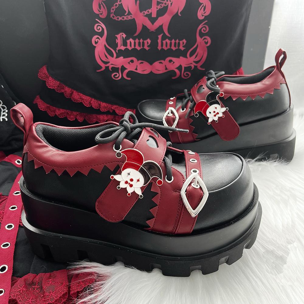 Street Style Girls Lolita Gothic Platform Shoes,Female Poker Joker Clown Decoration Elevator Shoes Halloween Gift