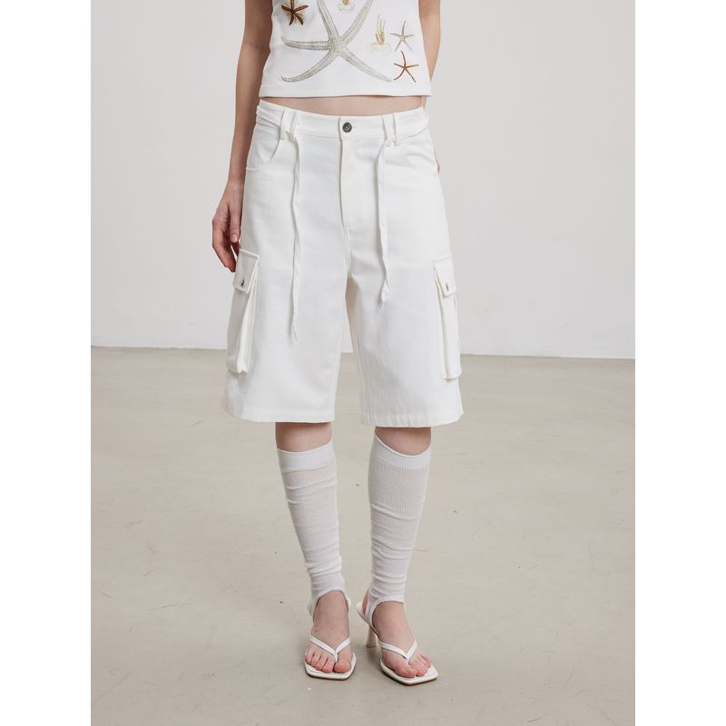 Thelight2025 Spring/Summer New Overalls Women White Wide Leg Shorts Women Commuting Sweat Pants Casual All-matching