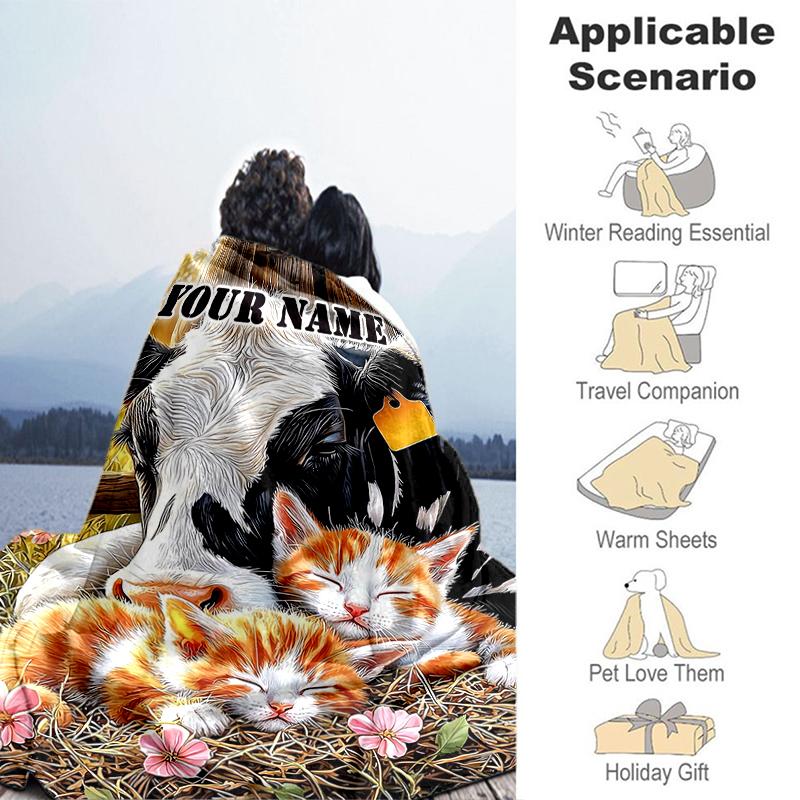 1PC Custom Name Cow Kittens Pasture Flannel Blanket Versatile,all-season Throw Suitable for the Living Room,bedroom,camping,travel,and Gift