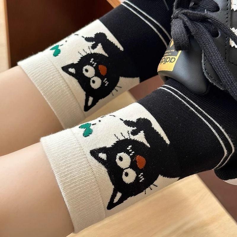 4 Pairs Women Fashion Versatile Mid Tube Socks Casual Comfortable Cute Cat Cartoon Mid Tube Socks