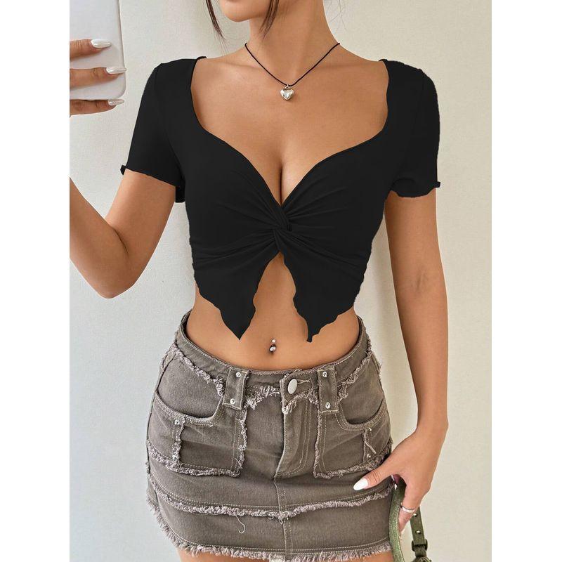 Sexy Deep V-neck Short-Sleeve Shirt Sexy Chest Kinky Deep V Short Top